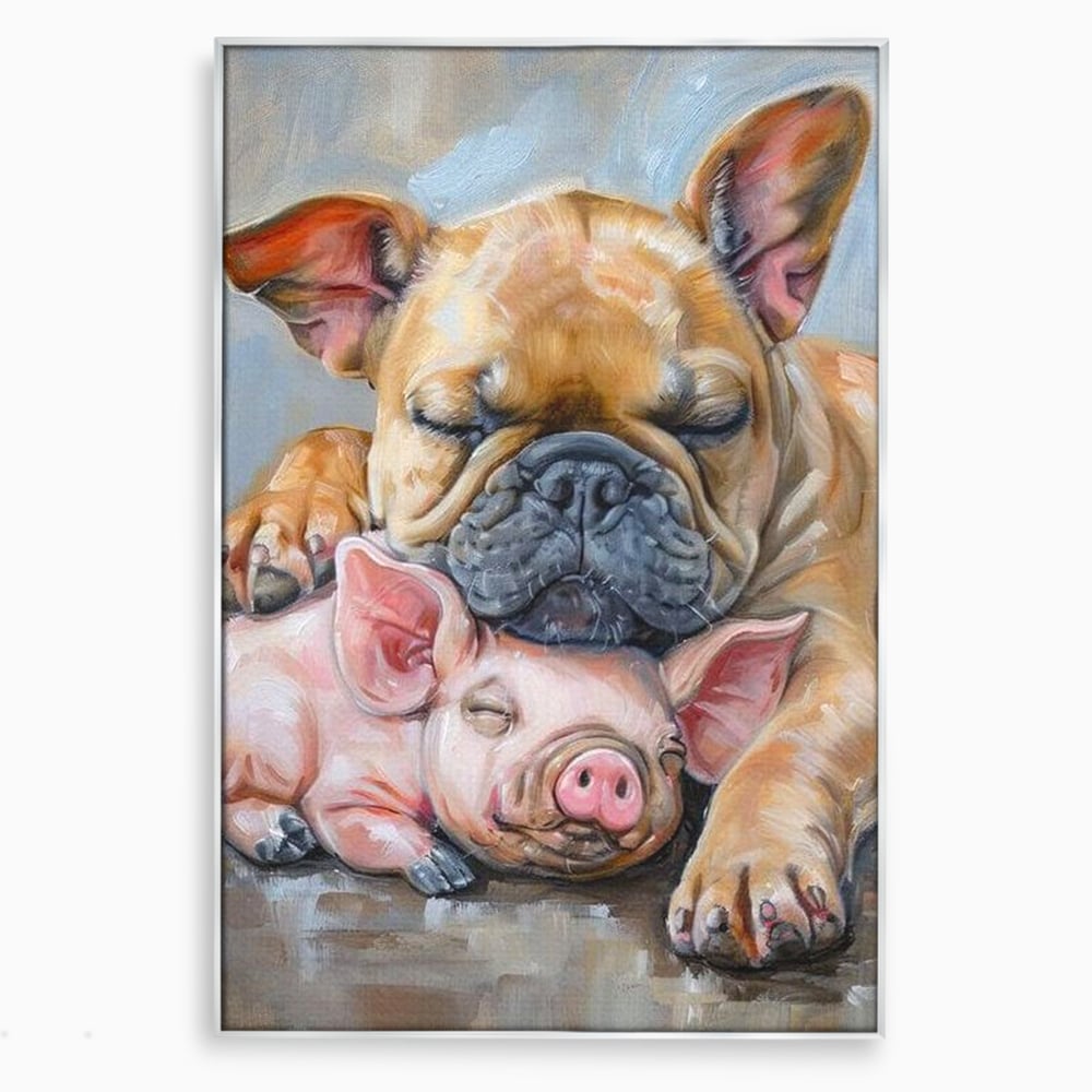 Tablou canvas cu pictura cu bulldog si purcelus dormind, in rama de aluminiu argintiu