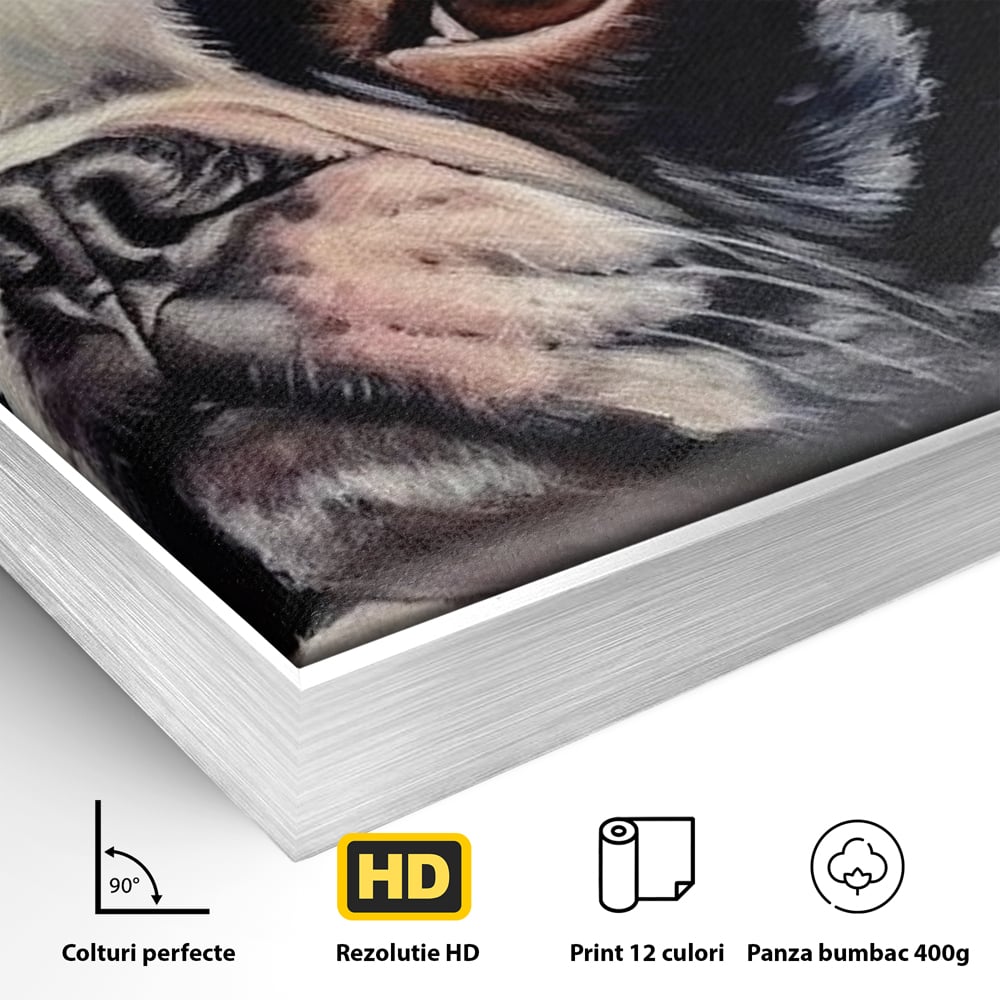 Detaliu al suprafetei: tablou pictura caine boston terrier, in rama de aluminiu argintiu