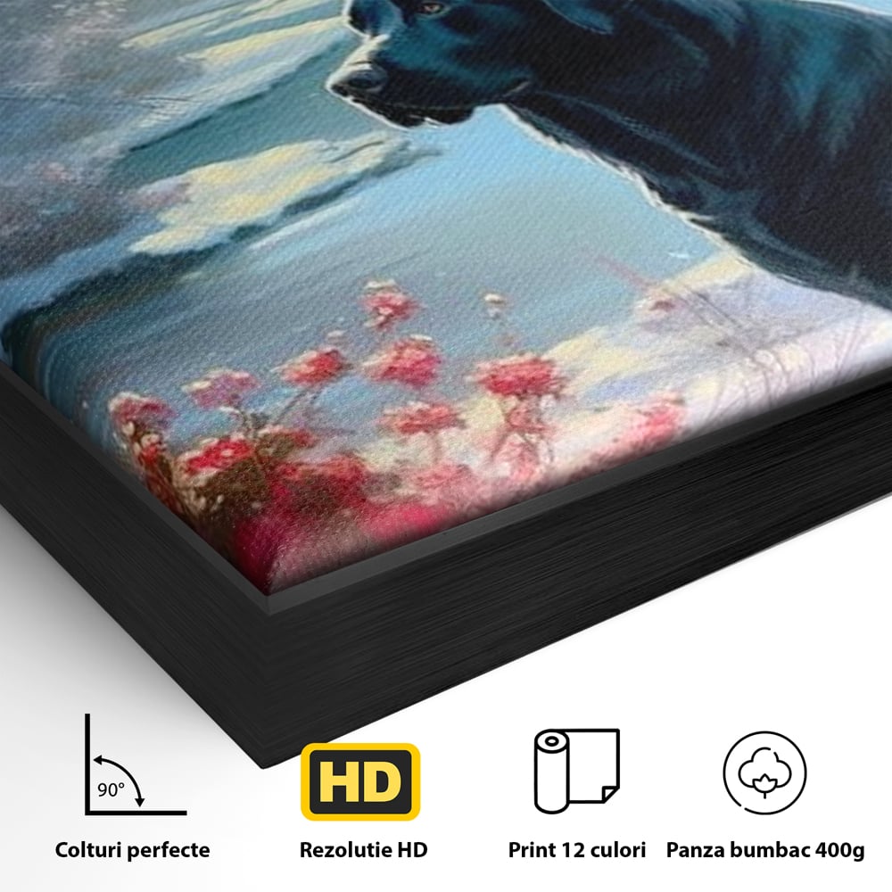 Detaliu al suprafetei: tablou canvas cu labrador negru pe malul unui lac inzapezit, in rama de aluminiu negru