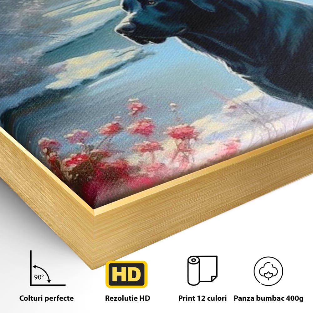 Detaliu al suprafetei: tablou canvas cu labrador negru pe malul unui lac inzapezit, in rama de aluminiu auriu
