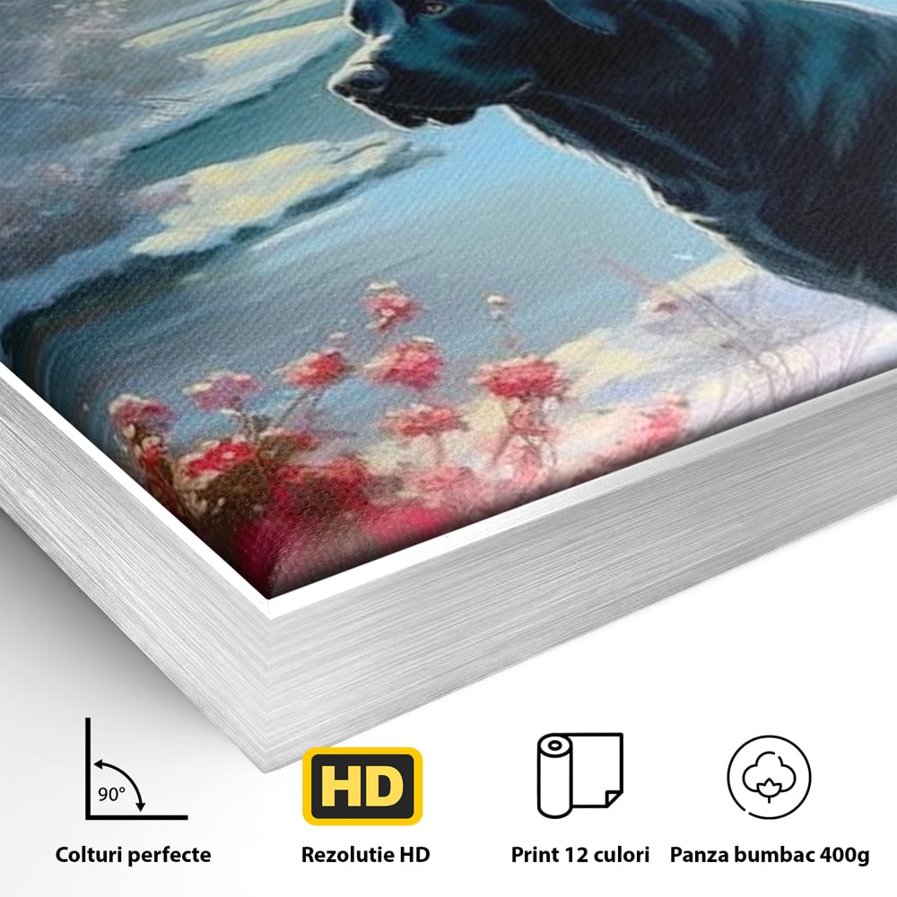 Detaliu al suprafetei: tablou canvas cu labrador negru pe malul unui lac inzapezit, in rama de aluminiu argintiu