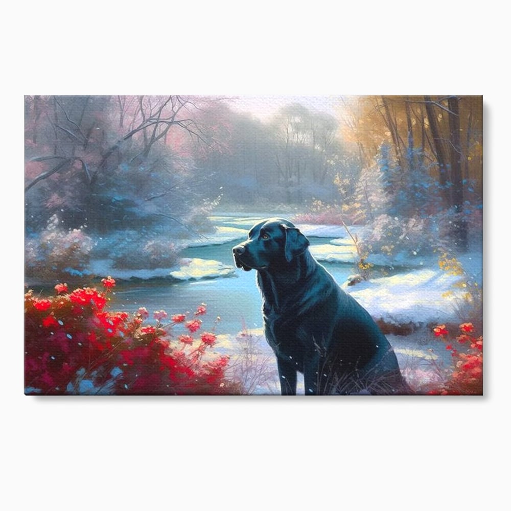 Tablou canvas cu tablou canvas cu labrador negru pe malul unui lac inzapezit, fara rama, pe sasiu de lemn