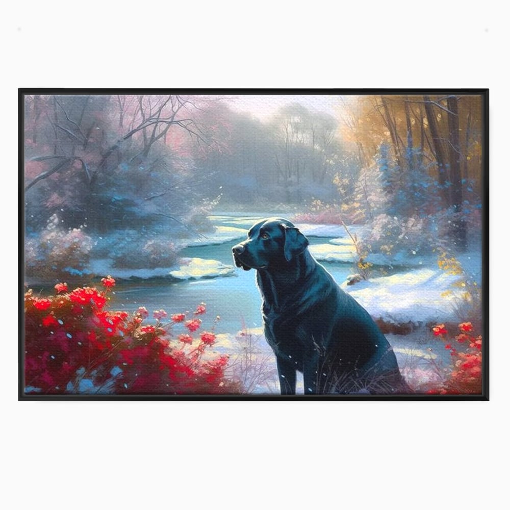 Tablou canvas cu tablou canvas cu labrador negru pe malul unui lac inzapezit, in rama de aluminiu negru