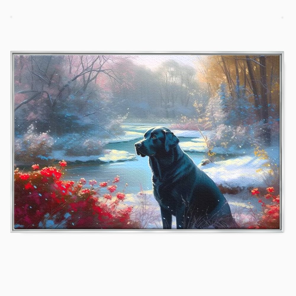 Tablou canvas cu tablou canvas cu labrador negru pe malul unui lac inzapezit, in rama de aluminiu argintiu