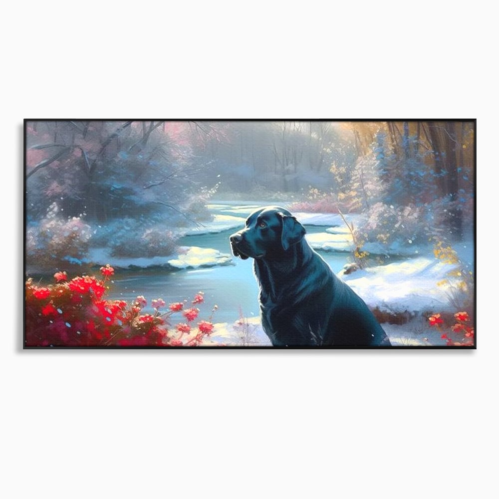 Tablou canvas cu tablou canvas cu labrador negru pe malul unui lac inzapezit, in rama de aluminiu negru
