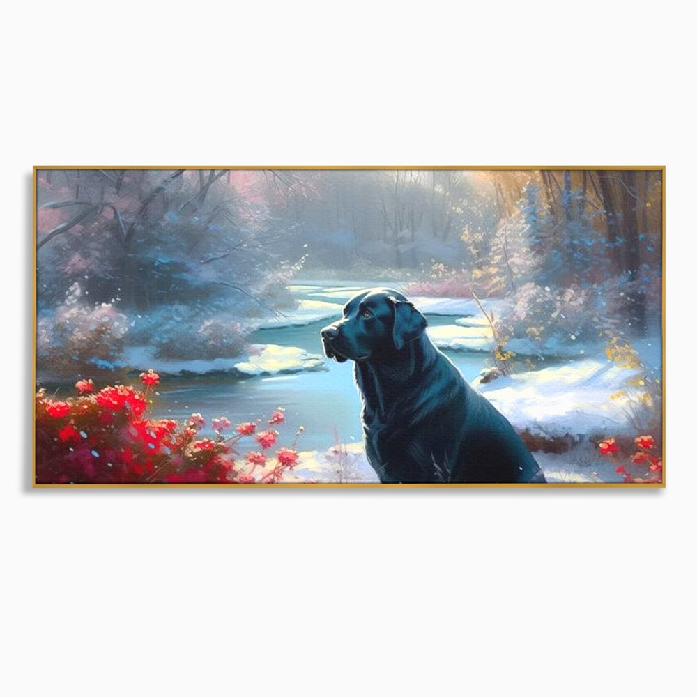 Tablou canvas cu tablou canvas cu labrador negru pe malul unui lac inzapezit, in rama de aluminiu auriu