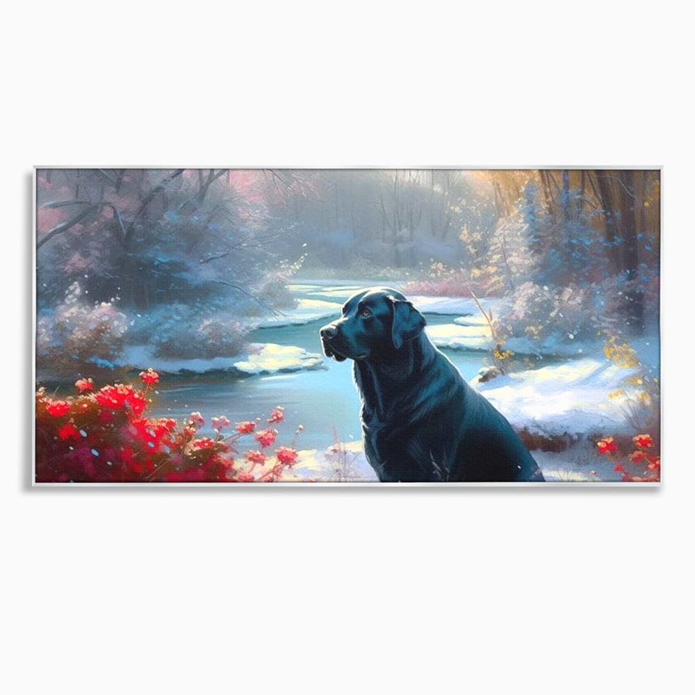 Tablou canvas cu tablou canvas cu labrador negru pe malul unui lac inzapezit, in rama de aluminiu argintiu