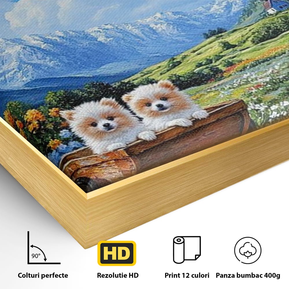 Detaliu al suprafetei: tablou canvas cu catei in caruta si munti, in rama de aluminiu auriu