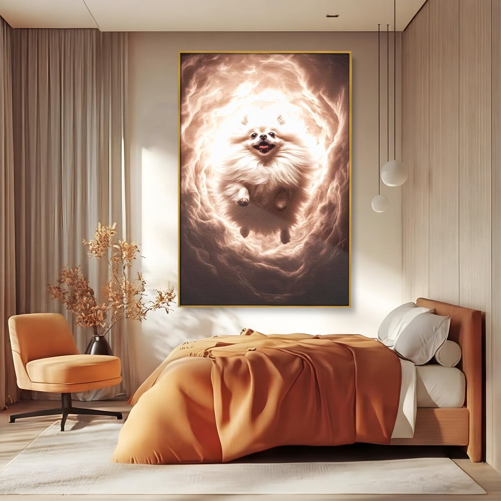Tablou canvas cu tablou canvas cu caine pomeranian pufos, in rama de aluminiu auriu, pe perete intr-un dormitor