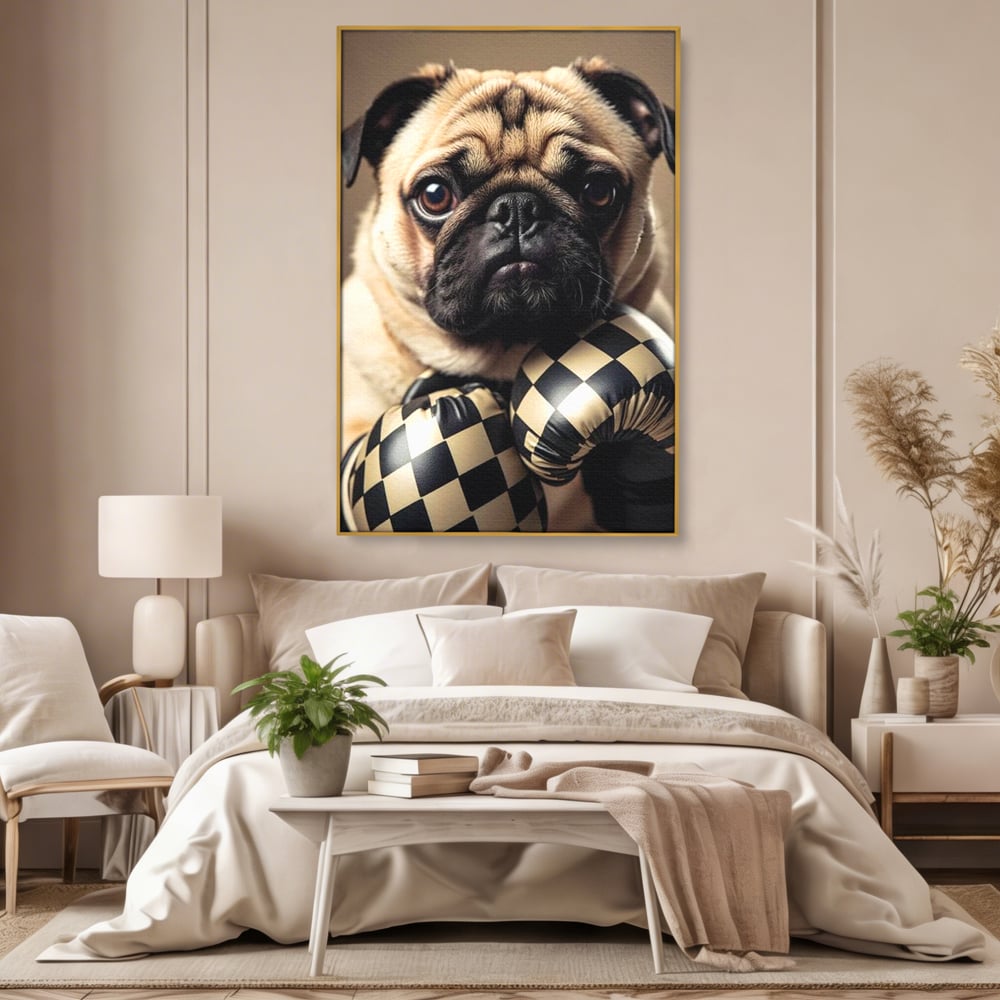 Tablou canvas cu tablou canvas cu pug in manusi de box, in rama de aluminiu auriu, pe perete intr-un dormitor
