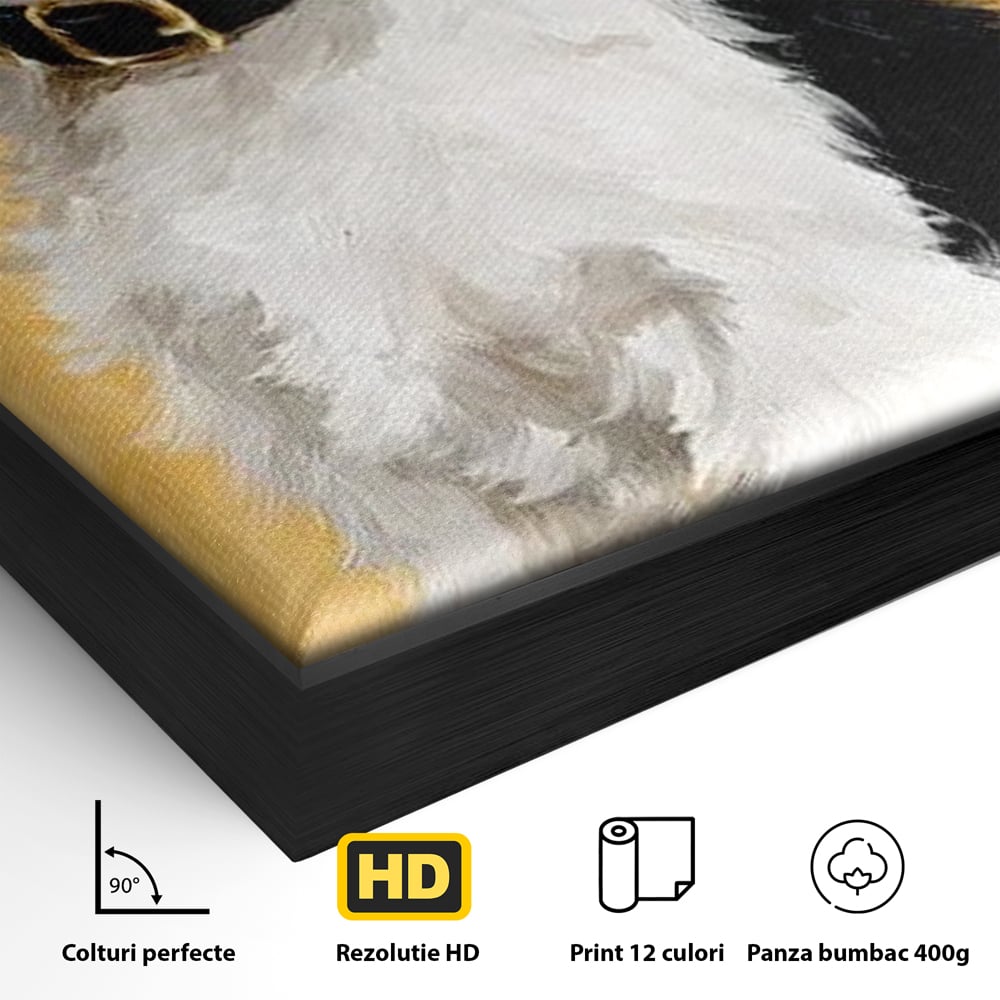 Detaliu al suprafetei: tablou canvas cu un catel pufos, in rama de aluminiu negru