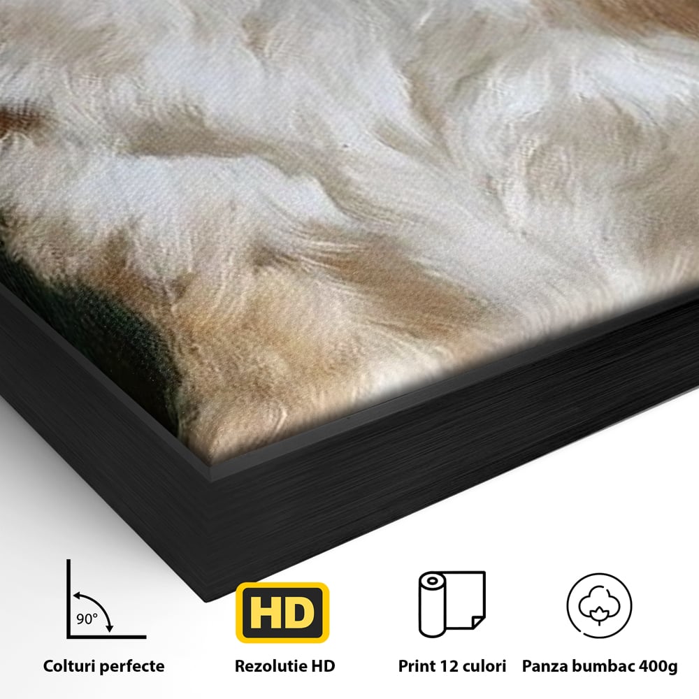 Detaliu al suprafetei: tablou canvas cu catel prietenos in gradina, in rama de aluminiu negru