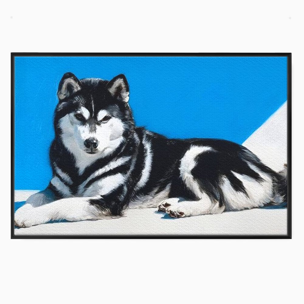 Tablou canvas cu tablou canvas cu husky alb-negru, in rama de aluminiu negru