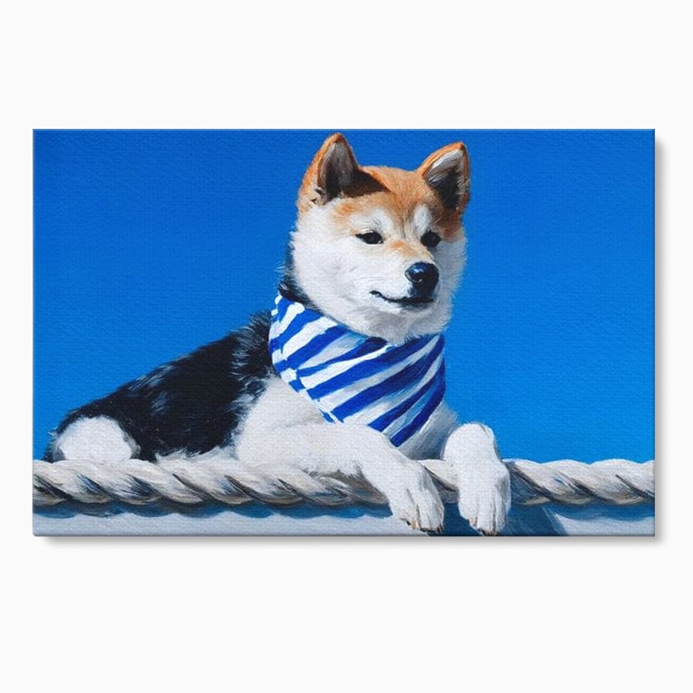 Tablou canvas cu tablou cu caine shiba in stil marinar, fara rama, pe sasiu de lemn