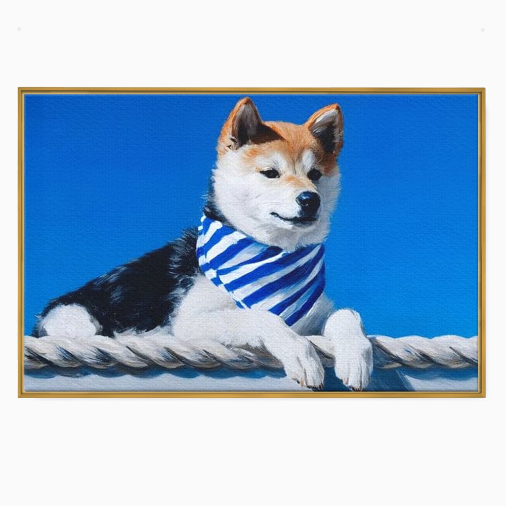 Tablou canvas cu tablou cu caine shiba in stil marinar, in rama de aluminiu auriu