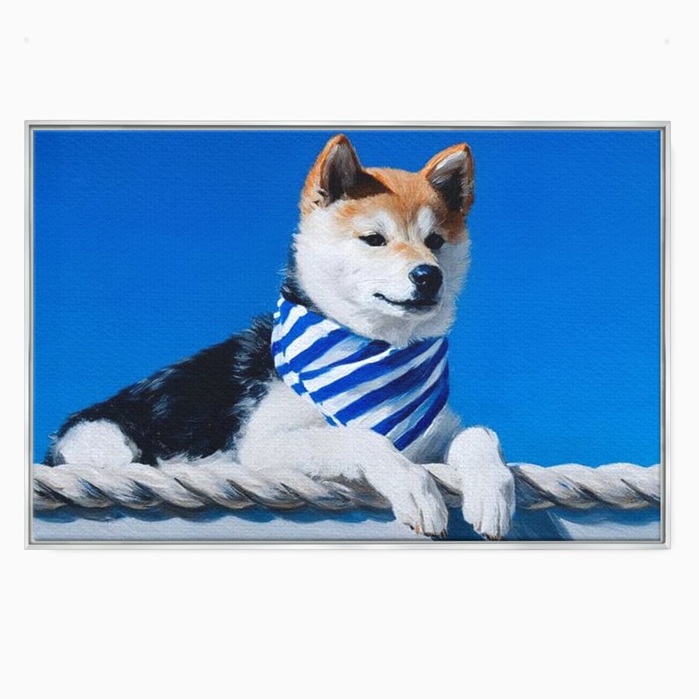 Tablou canvas cu tablou cu caine shiba in stil marinar, in rama de aluminiu argintiu
