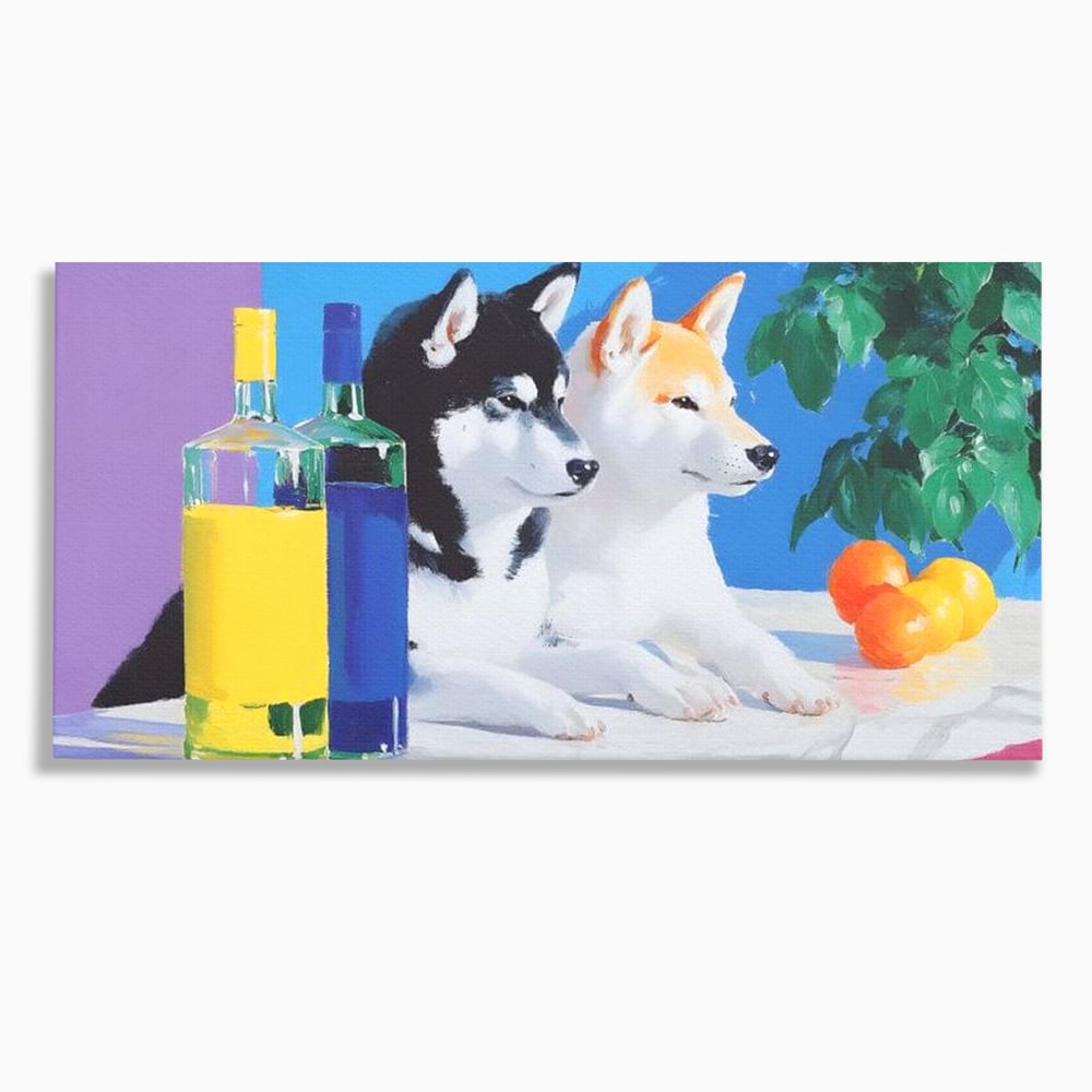 Tablou canvas cu pictura cu doi catei si sticle, fara rama, pe sasiu de lemn