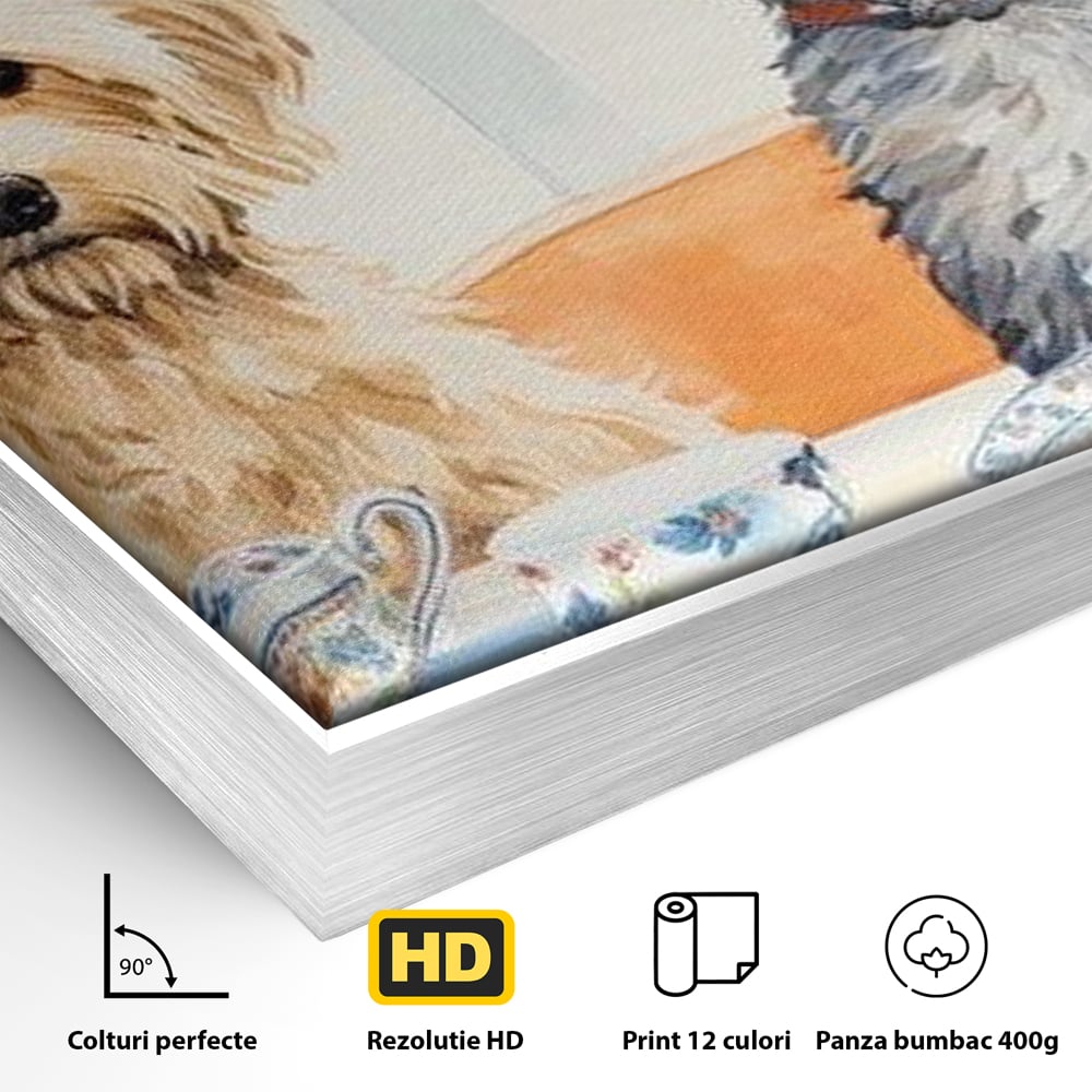 Detaliu al suprafetei: pictura cu doi catei la ceai, in rama de aluminiu argintiu