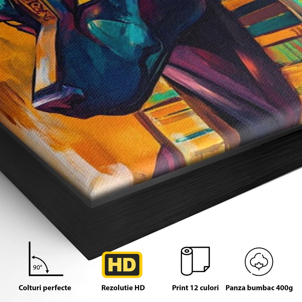 Detaliu al suprafetei: tablou canvas cu zeul egiptean anubis, in rama de aluminiu negru