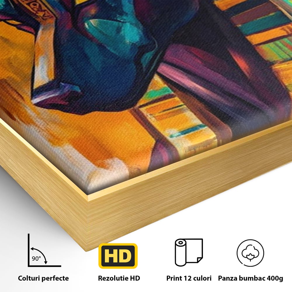 Detaliu al suprafetei: tablou canvas cu zeul egiptean anubis, in rama de aluminiu auriu