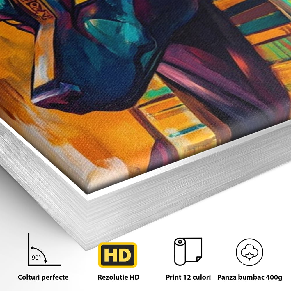 Detaliu al suprafetei: tablou canvas cu zeul egiptean anubis, in rama de aluminiu argintiu
