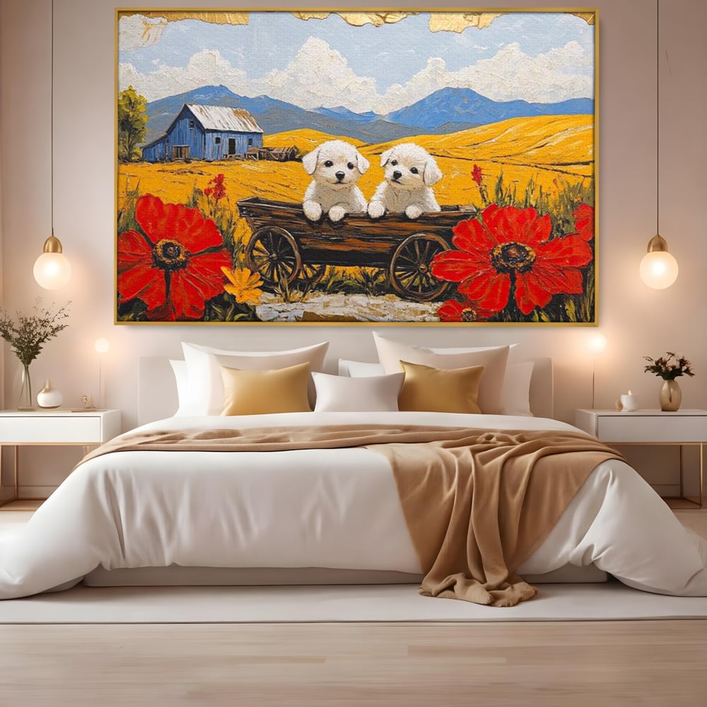 Tablou canvas cu tablou canvas cu catei in caruta si maci, in rama de aluminiu auriu, pe perete intr-un dormitor