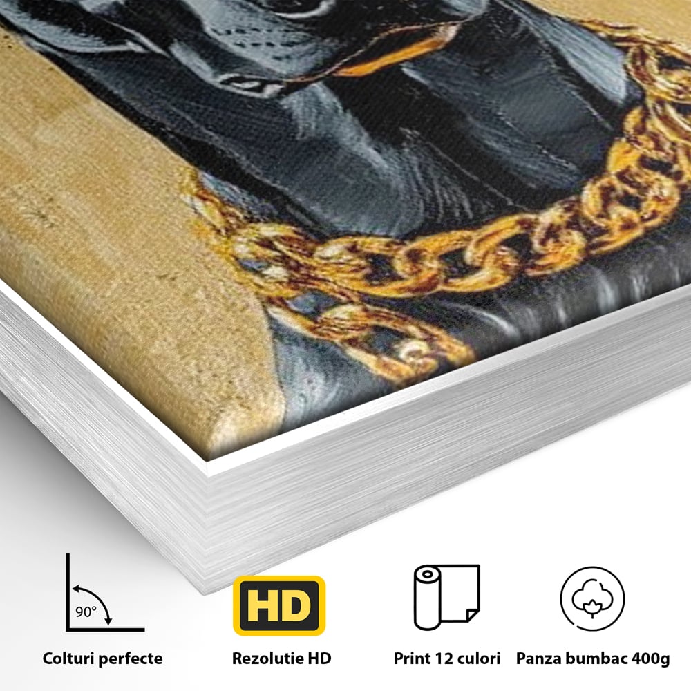 Detaliu al suprafetei: tablou canvas cu doberman negru, in rama de aluminiu argintiu