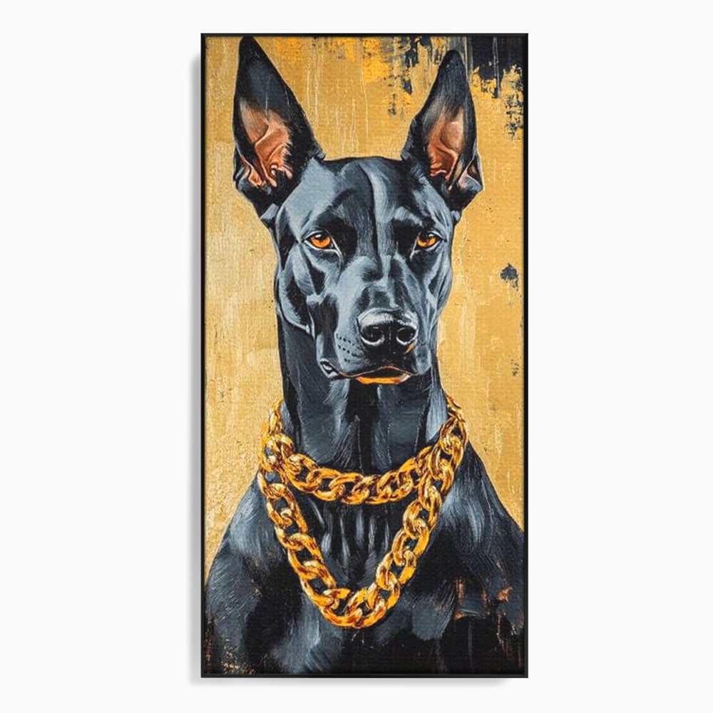 Tablou canvas cu tablou canvas cu doberman negru, in rama de aluminiu negru