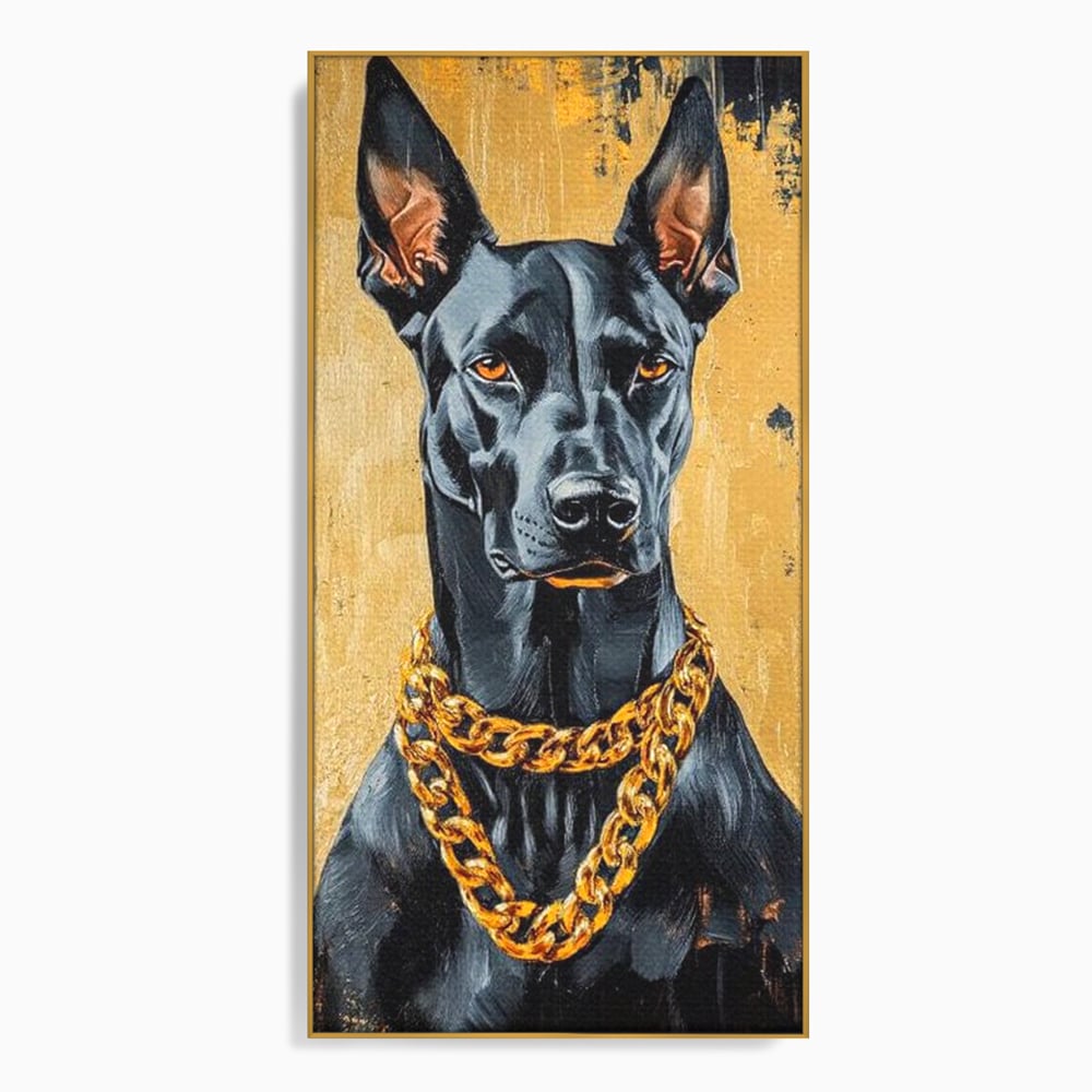 Tablou canvas cu tablou canvas cu doberman negru, in rama de aluminiu auriu