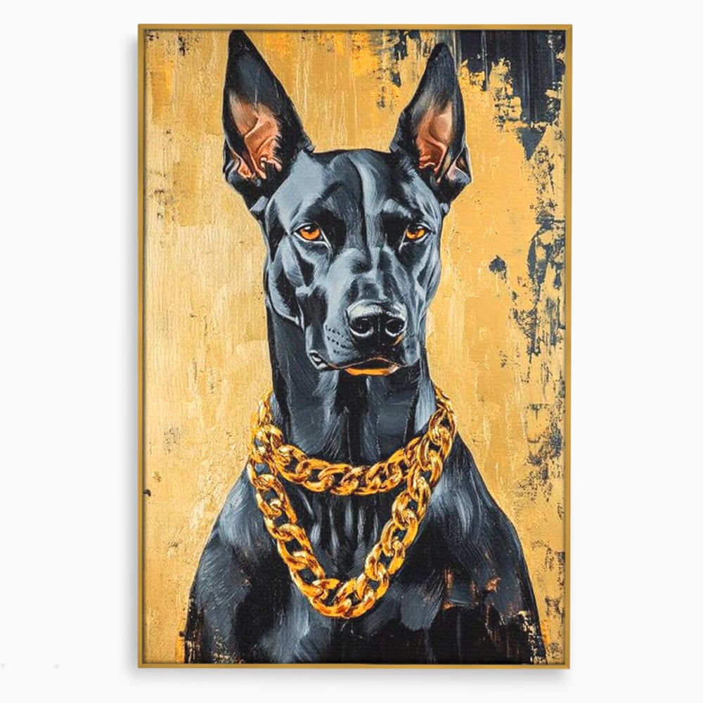 Tablou canvas cu tablou canvas cu doberman negru, in rama de aluminiu auriu