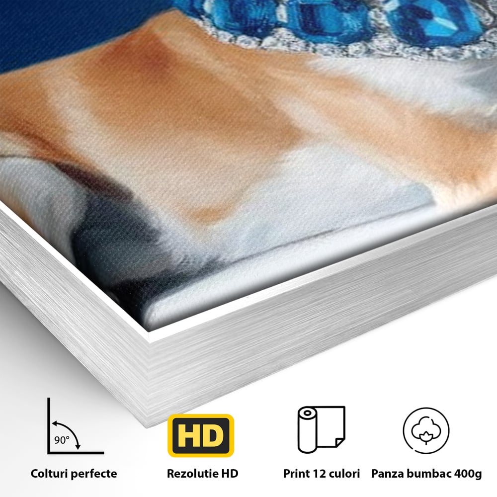 Detaliu al suprafetei: tablou canvas cu caine portret si colier, in rama de aluminiu argintiu
