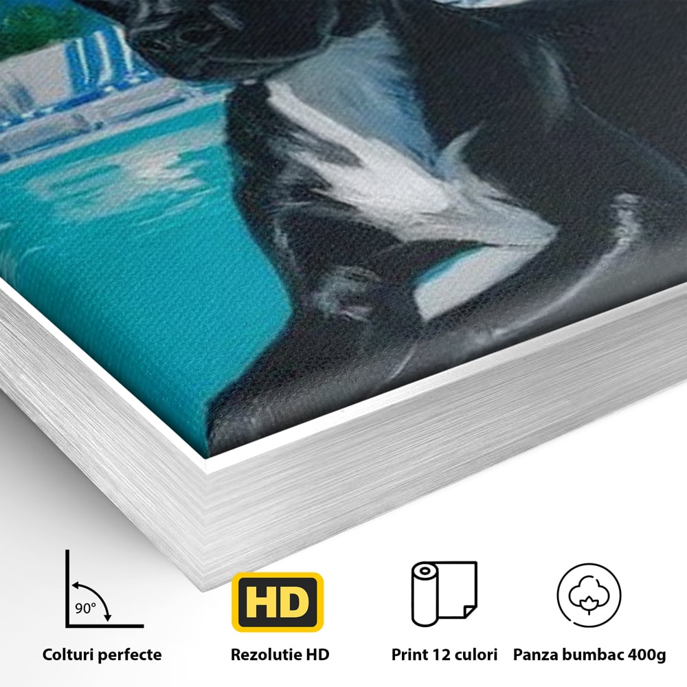 Detaliu al suprafetei: tablou canvas cu caine negru la piscina, in rama de aluminiu argintiu