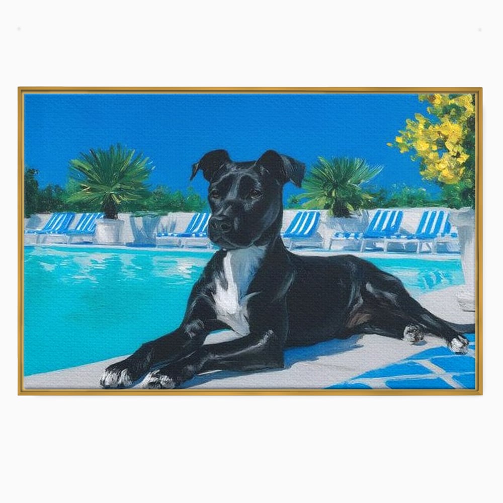 Tablou canvas cu tablou canvas cu caine negru la piscina, in rama de aluminiu auriu