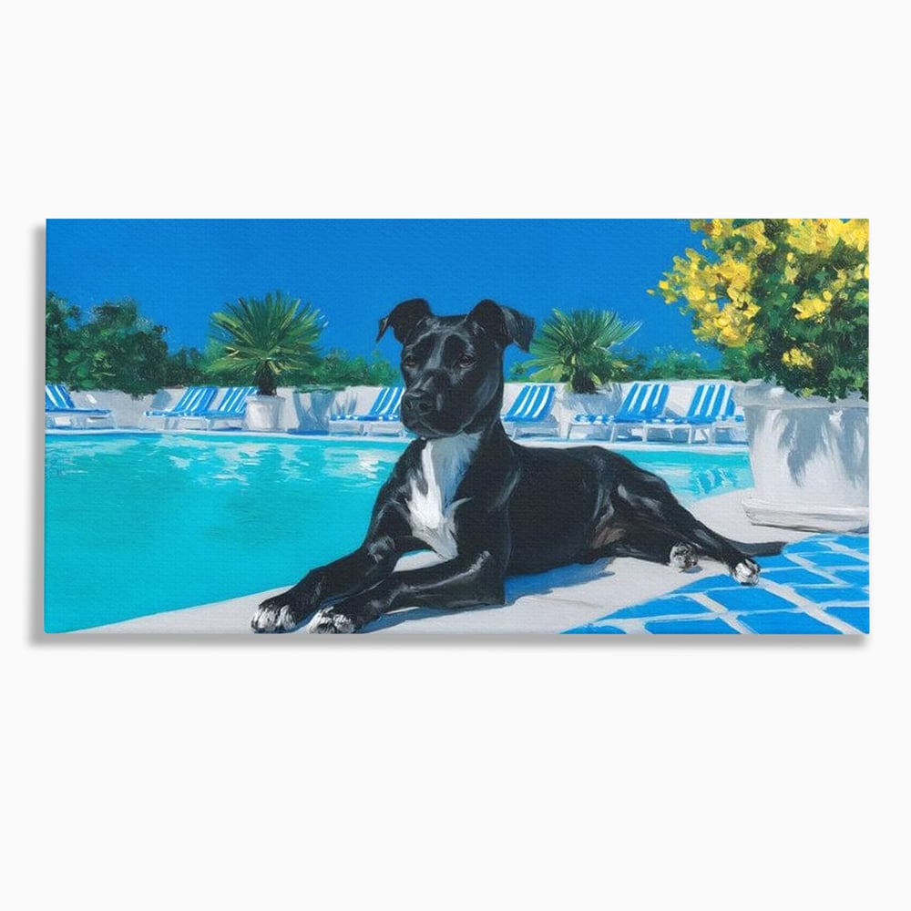 Tablou canvas cu tablou canvas cu caine negru la piscina, fara rama, pe sasiu de lemn