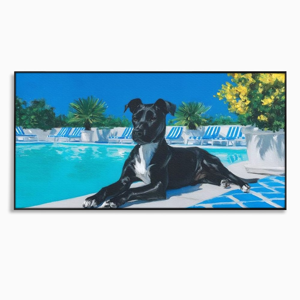 Tablou canvas cu tablou canvas cu caine negru la piscina, in rama de aluminiu negru