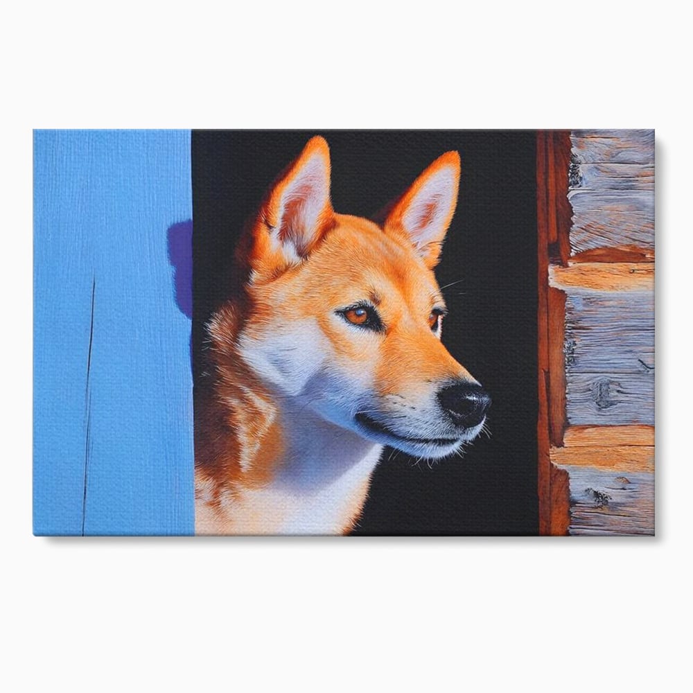 Tablou canvas cu tablou canvas cu portret de caine shiba, fara rama, pe sasiu de lemn