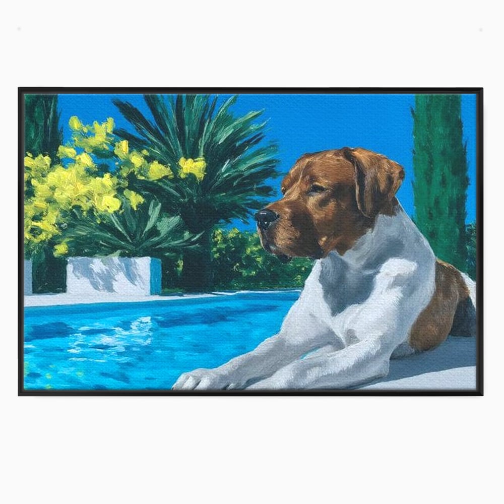 Tablou canvas cu tablou canvas cu caine la piscina, in rama de aluminiu negru