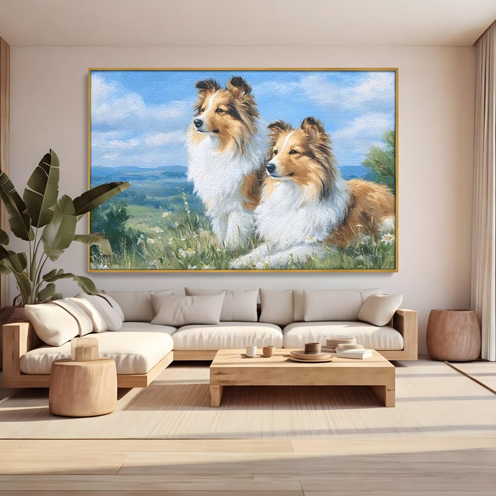 Tablou canvas cu tablou canvas cu doi caini ciobanesti pe un deal, in rama de aluminiu auriu, pe perete intr-un living