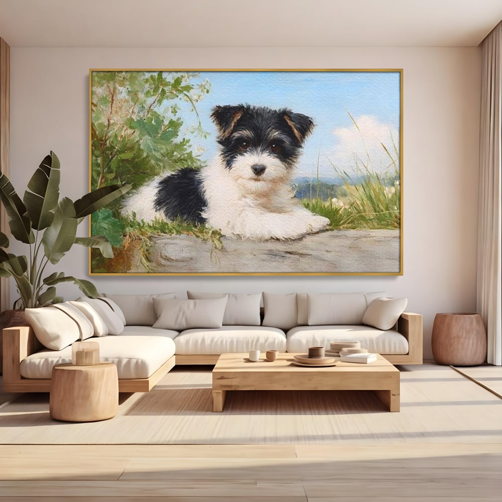Tablou canvas cu tablou canvas cu pui de caine, in rama de aluminiu auriu, pe perete intr-un living