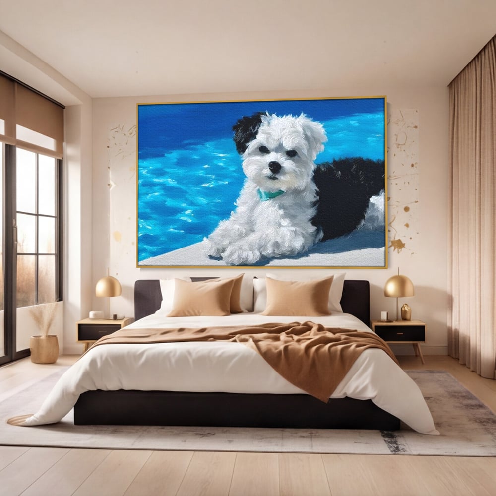 Tablou canvas cu pictura cu catel pufos langa piscina, in rama de aluminiu auriu, pe perete intr-un dormitor