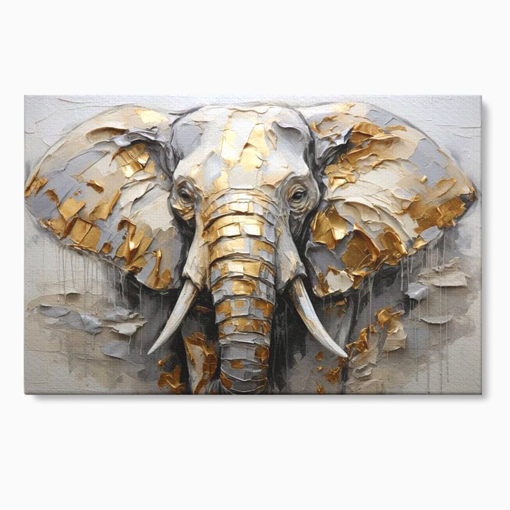 Tablou canvas cu tablou canvas cu cap de elefant in relief si insertii aurii, fara rama, pe sasiu de lemn