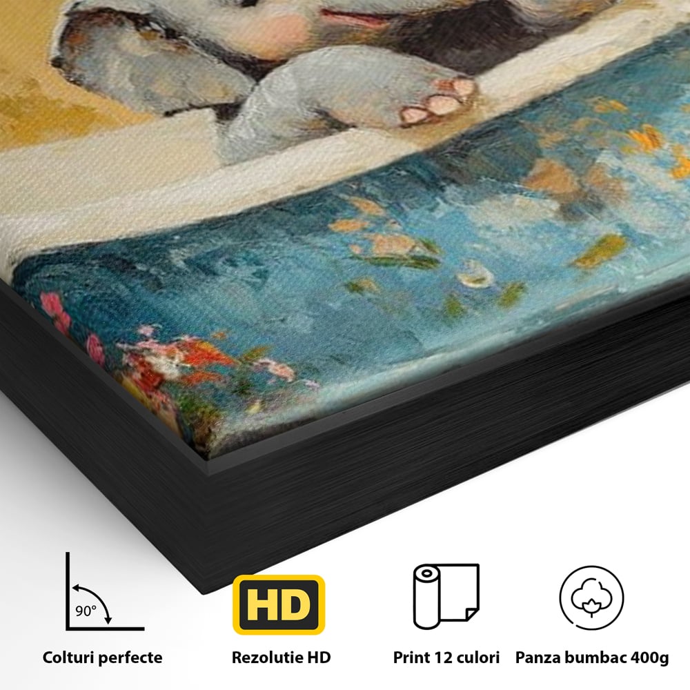 Detaliu al suprafetei: tablou canvas cu pui de elefant in cada, in rama de aluminiu negru