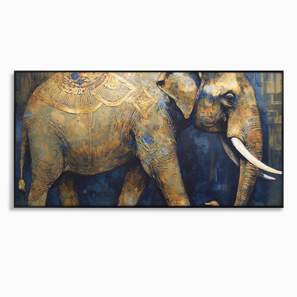 Tablou canvas cu tablou canvas cu pictura de elefant auriu, in rama de aluminiu negru