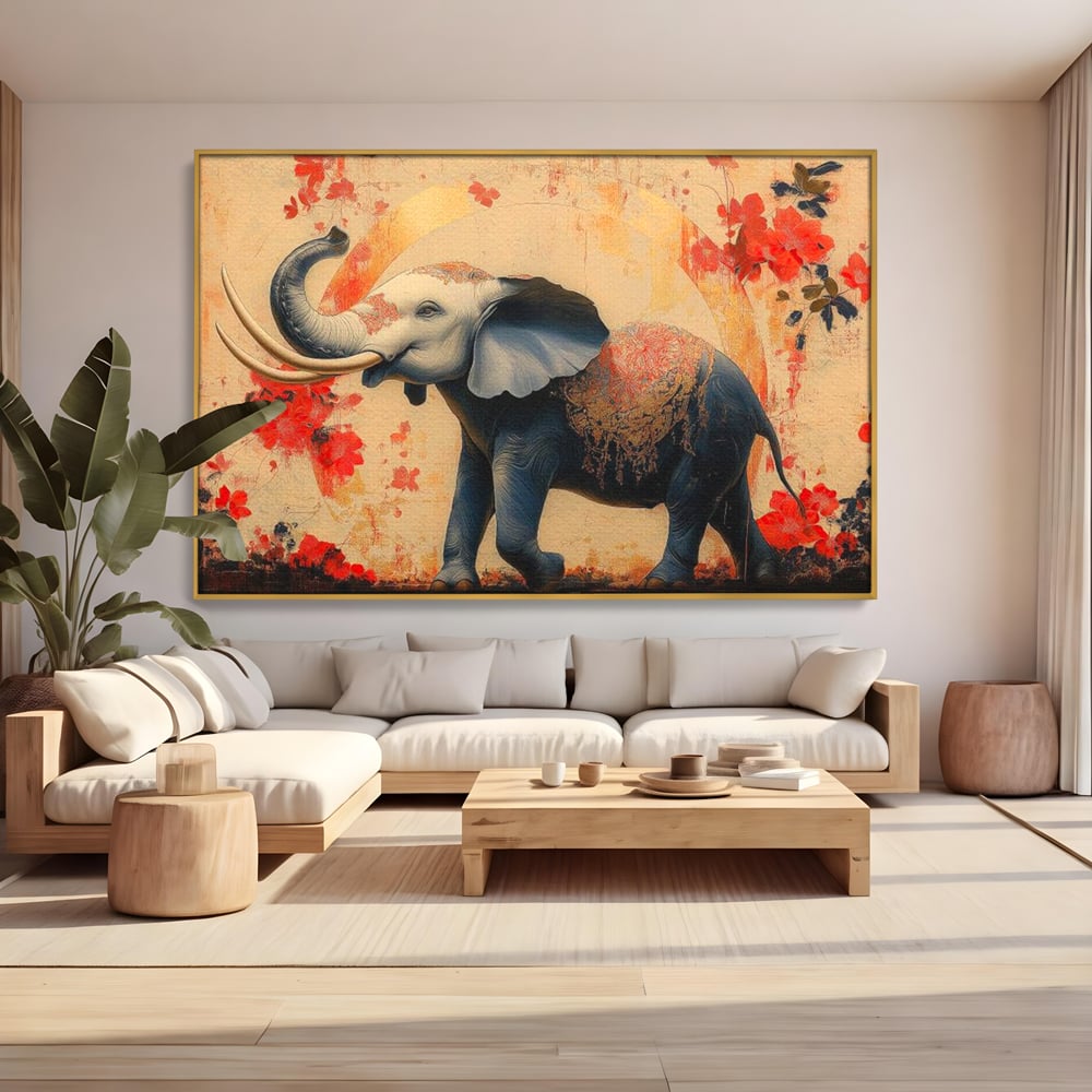 Tablou canvas cu tablou canvas cu elefant albastru, in rama de aluminiu auriu, pe perete intr-un living