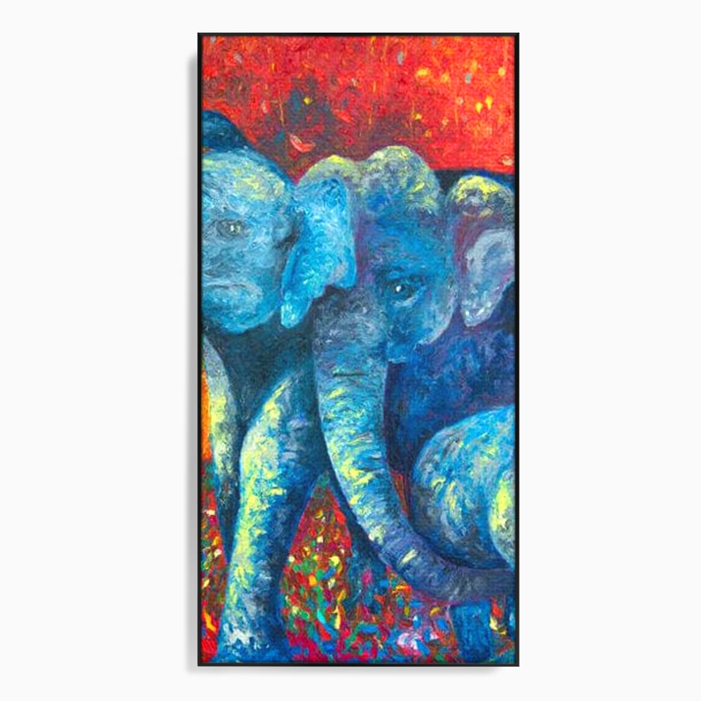 Tablou canvas cu tablou canvas cu elefanti expresionisti, in rama de aluminiu negru