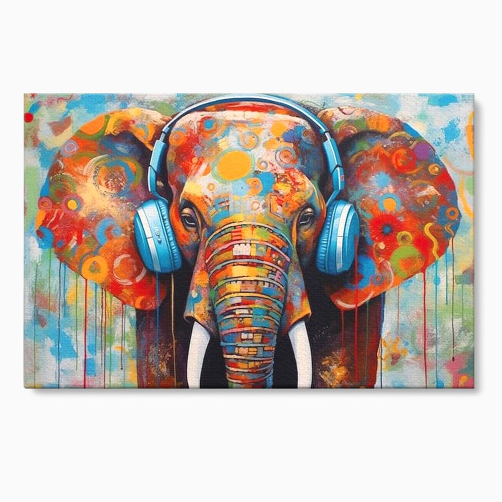 Tablou canvas cu pictura cu elefant colorat si casti, fara rama, pe sasiu de lemn