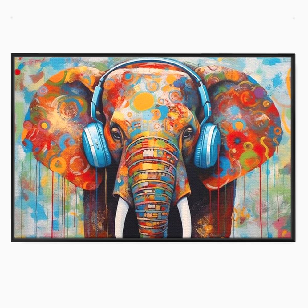 Tablou canvas cu pictura cu elefant colorat si casti, in rama de aluminiu negru