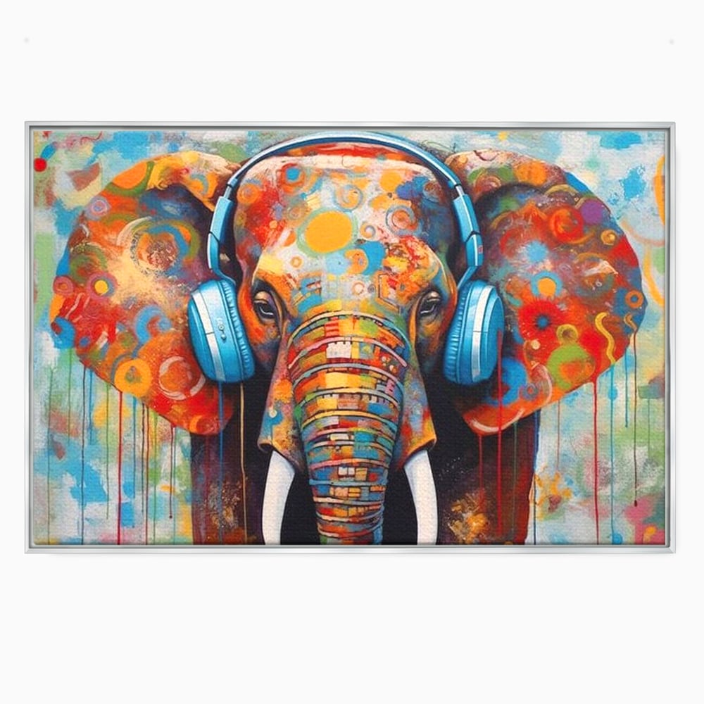 Tablou canvas cu pictura cu elefant colorat si casti, in rama de aluminiu argintiu