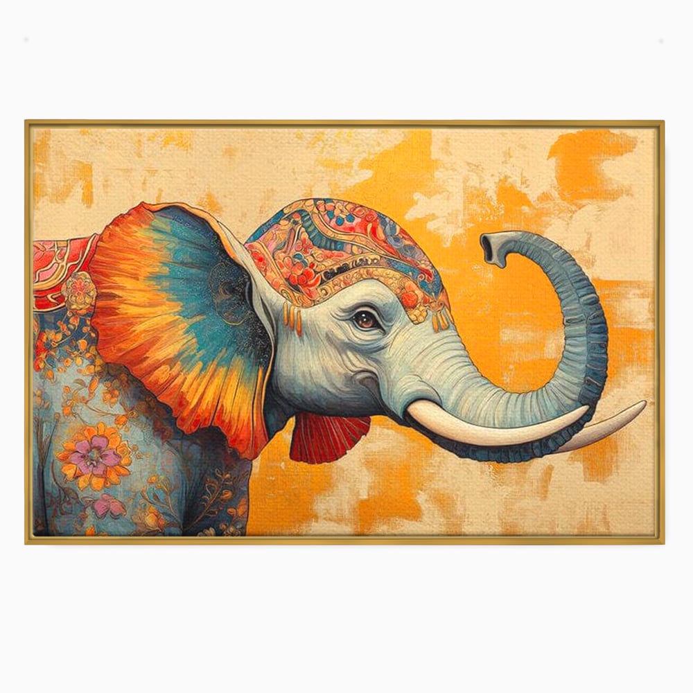 Tablou canvas cu tablou canvas cu elefant decorat in stil oriental, in rama de aluminiu auriu