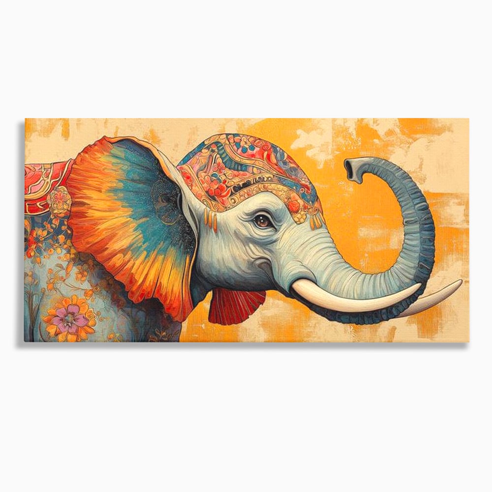 Tablou canvas cu tablou canvas cu elefant decorat in stil oriental, fara rama, pe sasiu de lemn